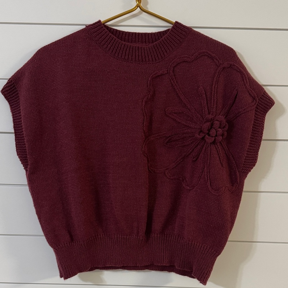 Burgundy Knit Sweater with Floral Design